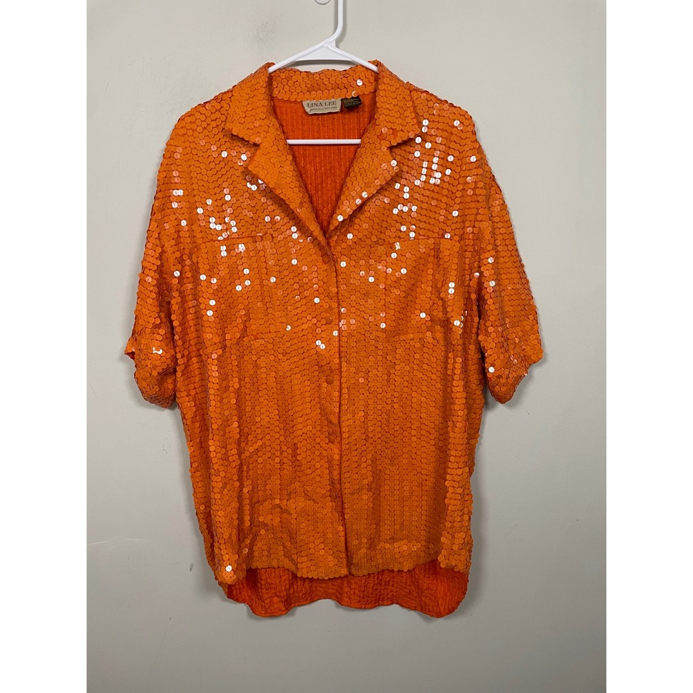 Vintage Lina Lee Orange Silk Sequined Short Sleeve‎ Button Down Top Size Large